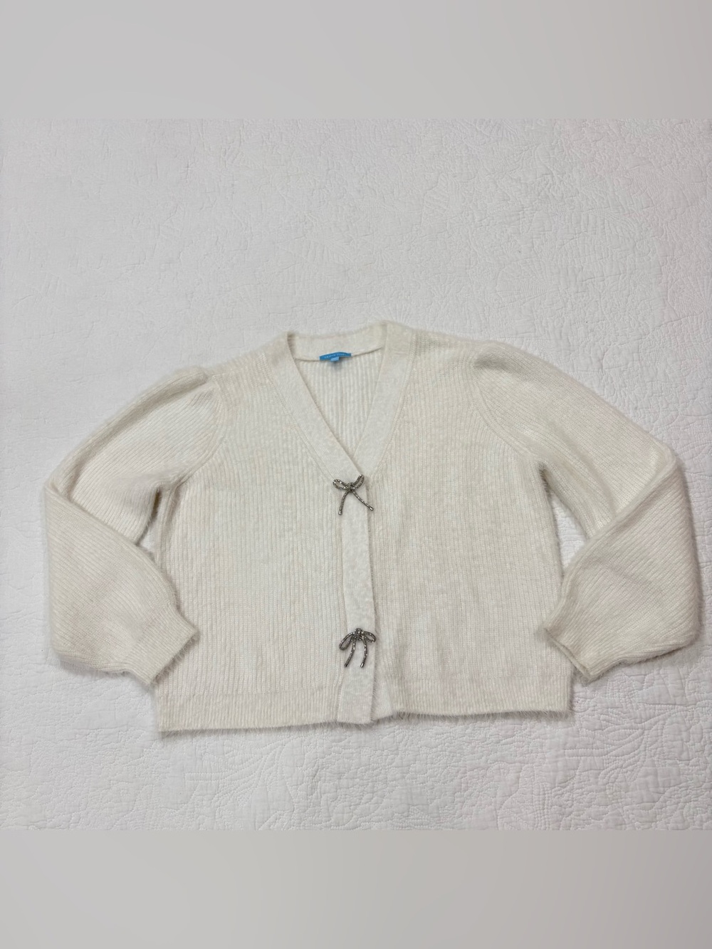 Draper James Womens Cardigan Sweater White Sz XXL Bedazzled Bows Buttons Festive